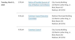 city meetings 3/2/20 -clerk's schedule 3/3/20